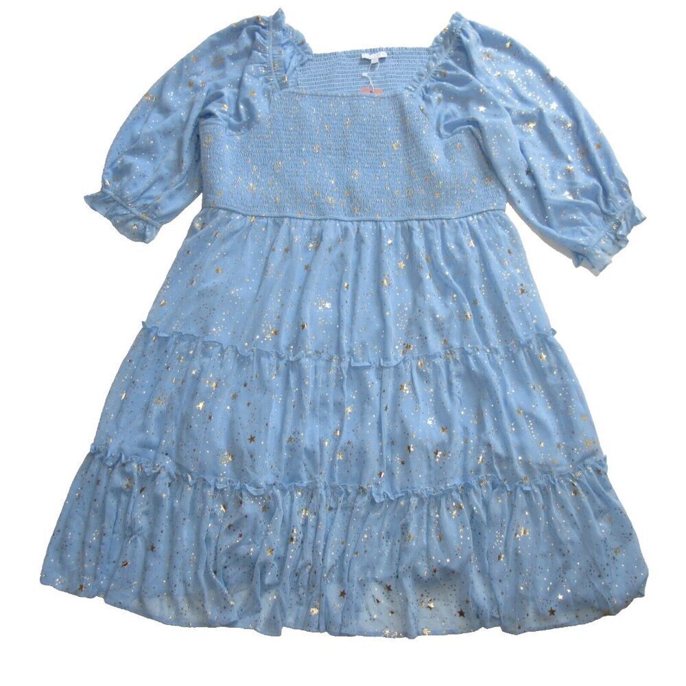 NWT Ivy City Co Starry Nights Midi Baby Blue Gold Smocked Puff Sleeve Dress 5X